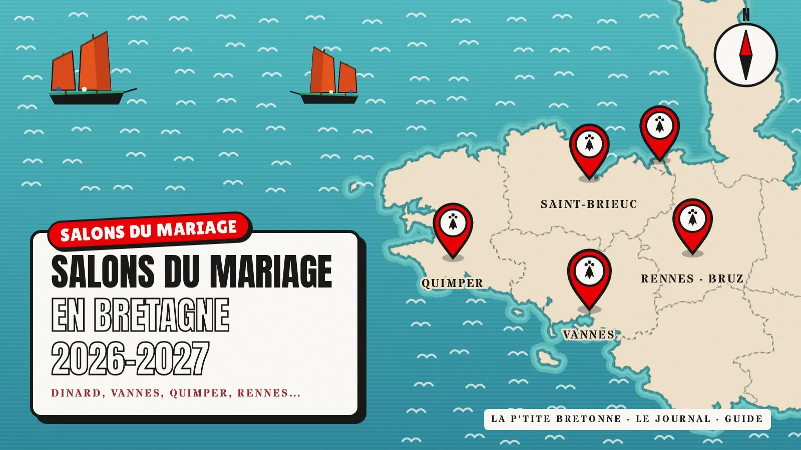 Carte de Bretagne avec les villes des salons du mariage : Dinard, Saint-Brieuc, Vannes, Quimper et Rennes
